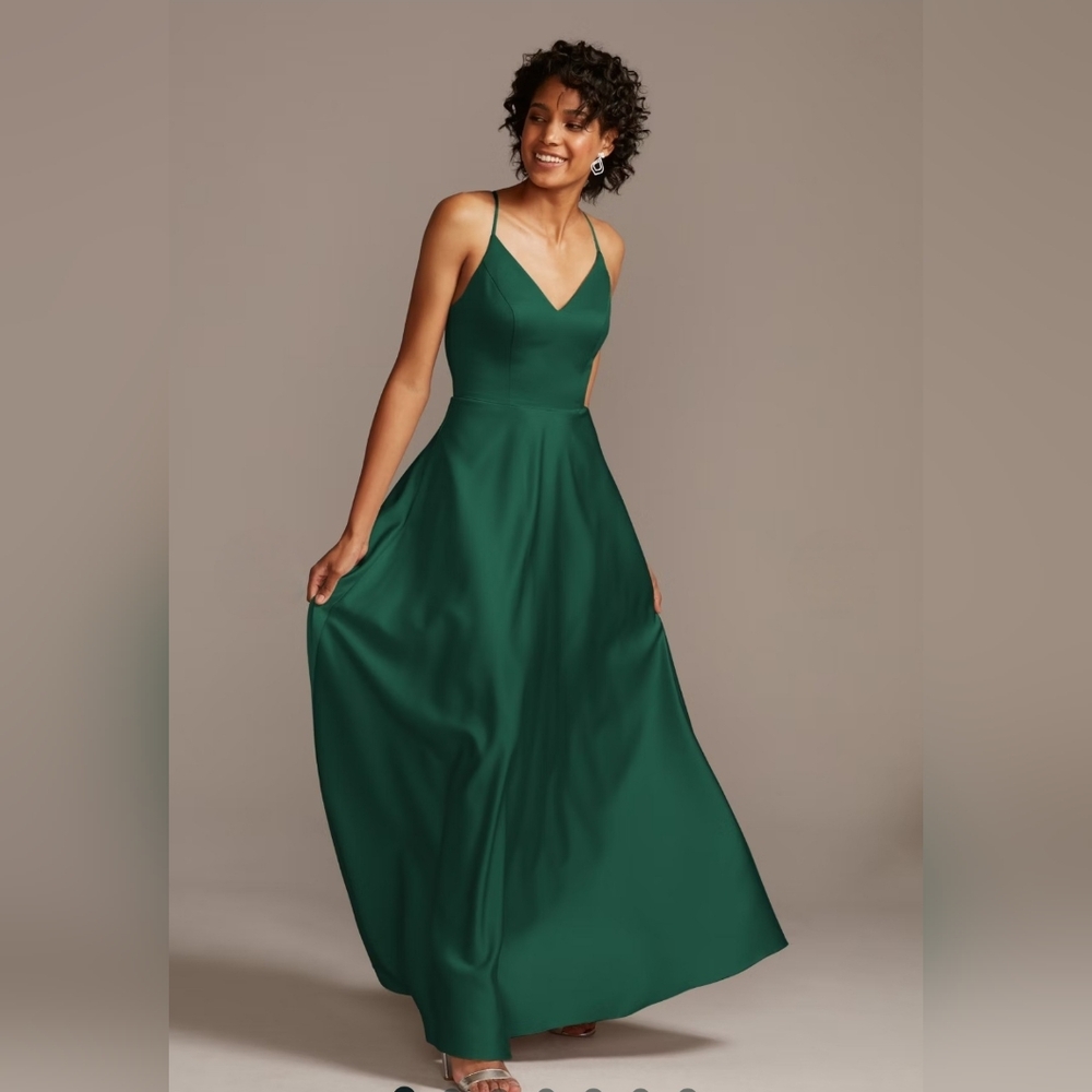 Davids Bridal Spaghetti Strap Satin A-Line Long DressSTYLE# F20131 Juniper